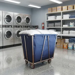 Chariot de blanchisserie robuste en lin bleu avec sac en tissu durable pour hôtels, hôpitaux et services hôteliers - Product Image 2