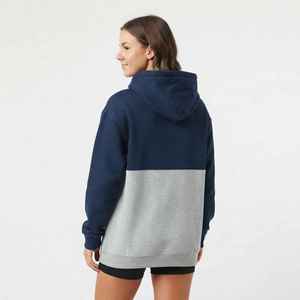 <b>Women's</b> Color Block <b>Hoodie</b> <b>Navy</b> Gray Letter Print Drop Shoulder Fleece Pullover Sweatshirt - Product Image 2