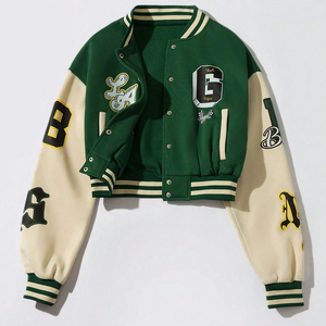 Green Cream Varsity Jacket Women Full Sleeve Letter Print Turn-down Collar Single Breasted Autumn Wear - Product Image 3
