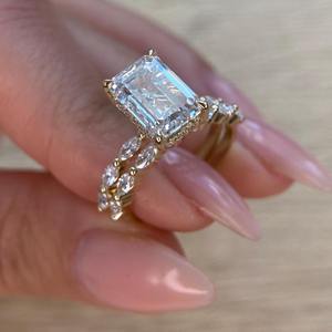 5 Carat Emerald Cut Lab Grown Diamond Engagement <b>Ring</b> <b>Set</b> _ Matching Marquise Cut Wedding Band _ 14k Yellow <b>Gold</b> - Product Image 6