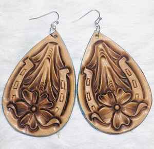 Artisan Tooled Cattle Portrait Leather Vintage Earrings Rustic <b>Western</b> Teardrop <b>Jewelry</b> Cow Head Dangle Opal Country Gift - Product Image 1