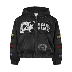 Sweat à capuche d'hiver en coton épais brodé 500 g/m² coupe ample personnalisée effet vieilli vintage délavé à l'acide pour homme streetwear - Product Image 3