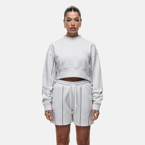 Conjunto de Sudadera Corta Blanca para Mujer, Pantalones Cortos Casuales de Felpa, Cuello Redondo, Manga Larga, Diseño Sólido, Transpirable, Ropa de Primavera - Product Image 1