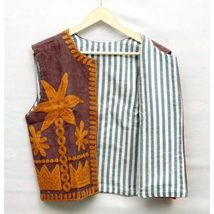 <b>Women's</b> Vintage Casual <b>Knitted</b> Corduroy Sleeveless V-neck <b>Waistcoat</b> Floral Embroidery Button Eco-Friendly Breathable 100% Cotton - Product Image 2