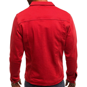 เสื้อแจ็คเก็ตยีนส์สีแดงสำหรับผู้ชายทรงเข้ารูปลำลองติดกระดุมด้านหน้าปกพับลงเสื้อผ้าฝ้ายสไตล์ฤดูใบไม้ร่วง - Product Image 2