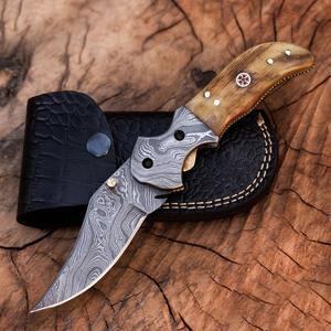 Couteau de poche pliant artisanal en acier Damas avec étui en cuir, personnalisable, OEM, couteau utilitaire, vente chaude - Product Image 5