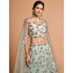 <b>Green</b> Embroidered <b>Net</b> Plus Size Wedding Lehenga Choli for Women - Product Image 2