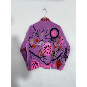 Purple Velvet Embroidery Jacket Uzbek Suzani Unisex Short Jacket <b>Coat</b> Women's Winter Jacket With Two Side Pockets - Product Image 6