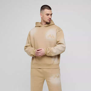 Trendy Wholesale Custom Logo Tall Oversized Distressed Tracksuit For Men Official Applique <b>Spray</b> Wash Hooded Hoodie & Jogger Set - Product Image 4