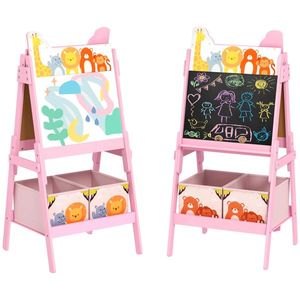 Double-Sided Easel with Whiteboard and Chalkboard Pink Storage Boxes-for Home or Classroom Use - Product Image 1
