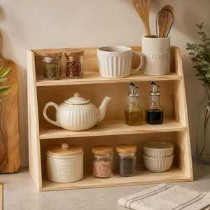 Wooden Three Tier <b>Storage</b> <b>Rack</b> For <b>Kitchen</b> Countertop Spice Organization Minimalist Style Durable Standing Type with drawer - Product Image 1