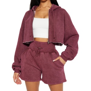 Conjunto de Sudadera con Capucha y Pantalones Cortos de Felpa con Cierre, Lavado Ácido, Estilo Casual, Talla Grande para Mujer, Calidad Premium 2026, Venta Caliente, OEM Personalizado - Product Image 1