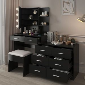 Large <b>Makeup</b> Vanity with 10 LED Light Bulbs and Charging Station Vanity Table Desk <b>Mirror</b> for Dresser Use - Product Image 4