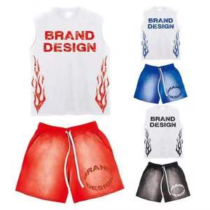 Wholesale Price <b>Men's</b> Unisex Vintage Wash 100% Cotton T-Shirt & <b>Shorts</b> Set Elastic Waist <b>Shorts</b> With Crew Neck Style T-Shirt Set - Product Image 2