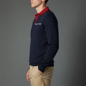 เสื้อโปโลคอวีผ้าฝ้าย 100% แบบสั่งทำพิเศษสำหรับผู้ชาย สีกรมท่าล้วน พร้อมปกเสื้อตัดสี แขนยาว สวมหัว สไตล์เสื้อรักบี้ - Product Image 5