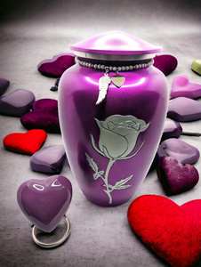 แก้วโกศสีม่วงขนาดใหญ่พร้อมสลักลายดอกกุหลาบเดี่ยว  ภาชนะสำหรับบรรจุอัฐิคน ทำจากอะลูมิเนียม สำหรับงานศพ - Product Image 5