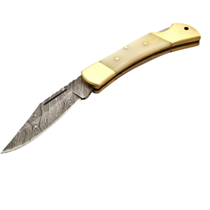 Cuchillos Plegables Hechos a Mano con Acero de Damasco, Mango de Madera Marrón Claro y Bolster de Latón, para Caza y Camping al Aire Libre - Product Image 1