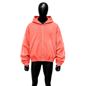 Coral Zip Hoodie Relaxed Fit 100% Cotton Solid Embroidered Breathable Everyday Fashion Cold Weather Loungewear City Style - Product Image 1