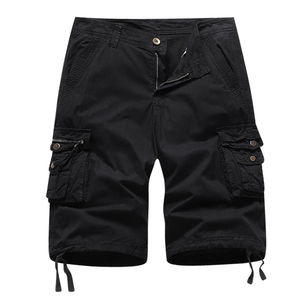 Shorts cargo noirs pour hommes, taille mi-haute, couleur unie, en toile, décontractés, avec poches et cordon de serrage - Product Image 1
