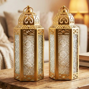 Hexagonal Metal <b>Lantern</b> With Glass Panels And Pagoda Roof For Home Decoration - Product Image 6