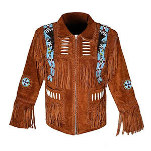 <b>Men's</b> Genuine <b>Leather</b> Winter <b>Jacket</b> with Breathable Fabric Fringe Beading Hand Embroidery Turn-down Collar Vintage Style - Product Image 2