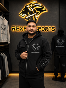 REXFITSPORTS 2026 Sweat à capuche graphique noir personnalisé à fermeture éclair intégrale 280–300 GSM en coton polyester molletonné imprimé sur toute la surface, style streetwear - Product Image 4