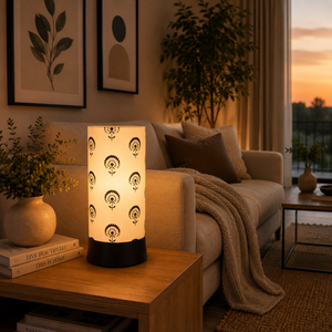 Minimal Black Floral Printed Linen Shade Table Lamp | Modern Bedside Night Lamp <b>LED</b> | Decorative Living Room Ambient <b>Light</b> - Product Image 4