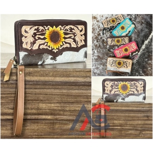 Cartera de Cuero Genuino Hecha a Mano con Diseño Bohemio de Girasol y Cremallera, Estilo OEM/ODM de Lujo 2026 para Mujer - Product Image 1