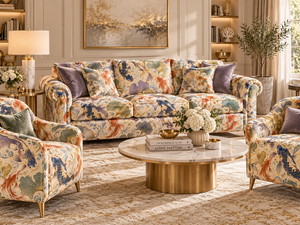 ผ้าซาตินลายใบแปะก๊วยลายปลาคาร์ฟ ประดับด้วยสีทอง สีฟ้า สีส้ม สีม่วง ผ้าพิมพ์ลายสัตว์ - Product Image 1