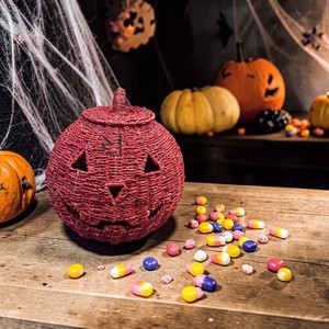 Cesta de calabaza de Halloween de junco marino tejida a mano con tapa, recipiente para dulces, almacenamiento, decoración para fiestas de truco o trato, adorno, superventas, reutilizable - Product Image 3