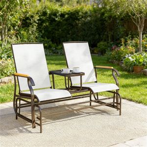 Divano Doppio da Esterno Bianco Crema con Sedia a Dondolo e Tavolino per Uso in Giardino - Product Image 1