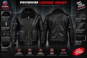 Men's Black Genuine Leather Cow Skin Bomber <b>Jacket</b> <b>Sherpa</b> <b>Lined</b> Breathable Zipper Closure Moto Style Winter Wear - Product Image 6