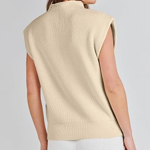 Gilet sans manches col roulé beige en maille côtelée pour femme, 100 % acrylique, anti-boulochage, style minimaliste, pull d'automne, coupe classique - Product Image 4