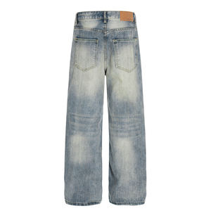 Jean large en denim slub style vintage américain pour hommes et femmes, taille haute, délavage clair, respirant, mélange élasthanne/coton, coupe ample - Product Image 3