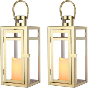Set of 2 Stainless Steel Decorative <b>Lantern</b> 12'' High Metal <b>Candle</b> Holder <b>Outdoor</b> <b>Candle</b> <b>Lantern</b> with Tempered Glass <b>Lanterns</b> - Product Image 1