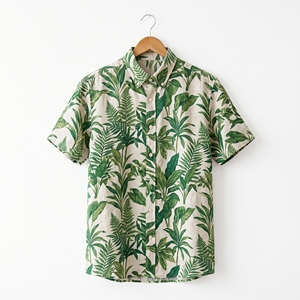 Chemise d'été en lin imprimée botanique pour homme, motif nature, décontractée, style resort, OEM ODM, vente en gros, impression personnalisée en usine - Product Image 1