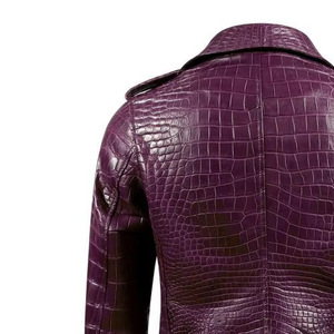 Veste en cuir PU gaufré croco violet pour homme, style motard, col rabattu, fermeture éclair sur le devant, coupe-vent, pour l'automne - Product Image 1