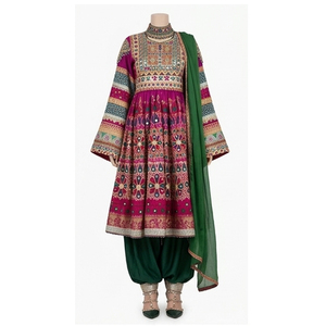 Vestido Tradicional Salwar Kameez para Mujer, Largo hasta el Tobillo, de Algodón Bordado, Verde y Rosa, Ropa Étnica, Traje de Boda, Vestido Afgano Kuchi - Product Image 1