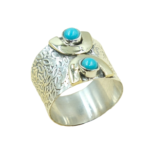 Bague Statement en Argent 925 Fait Main avec Pierre Turquoise pour Femme, Style Vintage Bohème, Large Bande en Laiton, Bijou Artisanal, Cadeau Unisexe - Product Image 1