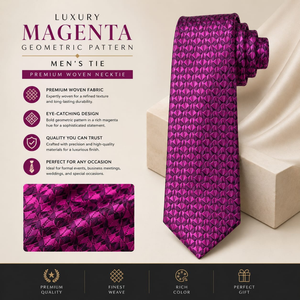 Corbata de Hombre con Patrón Geométrico Magenta de Lujo, Corbata Tejida Premium |   Ropa Formal para Bodas, Oficina, Fiestas, Regalo, Atuendo Elegante para Negocios - Product Image 4