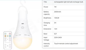 <span class=keywords><strong>Ampoule</strong></span> led usb rechargeable 7W <span class=keywords><strong>ampoule</strong></span> e27 rechargeable avec télécommande - Product Image 6