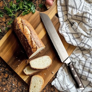 Cuchillo para Pan Ambidestro, Hecho a Mano, Ecológico, Apto para Lavavajillas, en Acero de Damasco, con Mango de Madera y Funda de Cuero - Product Image 2