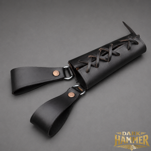 Hand craft medieval Viking leather sword and axe frog with angled dual belt <b>loops</b> metal O rings and corset style cross lacing - Product Image 1
