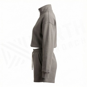 <b>Women's</b> 2 Piece Fleece Sweatshirt and <b>Shorts</b> Set Stand Collar Zipper Loose Fit Casual Solid Color Above <b>Knee</b> <b>Length</b> Daily Wear - Product Image 3