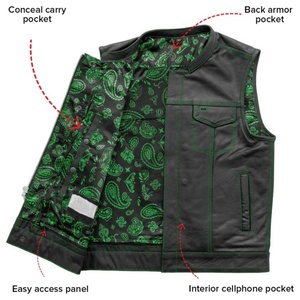 Gilet de moto en cuir véritable de qualité supérieure pour hommes, noir et vert, veste sans manches pour motards avec un design minimaliste et des coutures robustes - Product Image 4