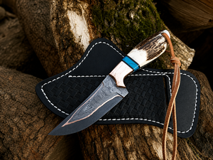 MAYSARA IMPEX Copper Damascus Steel Cowboy Hunting Knife Camping Knife with <b>Leather</b> Sheath & Stag Antler Handle - Product Image 3