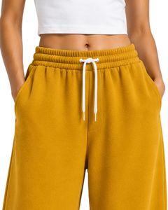 Mustard Yellow Women Wide Leg Sweatpants High Waist Loose Fit Casual Streetwear Lounge Fleece Trousers With Drawstring Pockets - Product Image 5