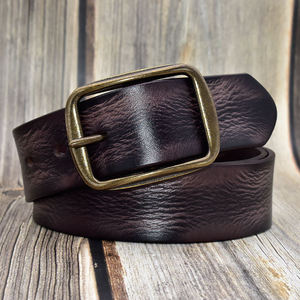 Ceinture vintage en cuir véritable, couleur unie, boucle à ardillon rectangulaire en cuivre, durable, style décontracté, en cuir de vachette - Product Image 1