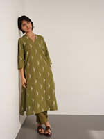 Chemise boutonnée verte imprimée à manches trois-quarts, col rabattu, coupe ample, décontractée, en tissu viscose et coton tissé