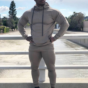 Ensemble de survêtement kaki pour homme, sweat-shirt à capuche à manches longues, poches latérales, fermeture à cordon, vêtement décontracté respirant, coupe ajustée, 100% coton, 2 pièces - Product Image 5